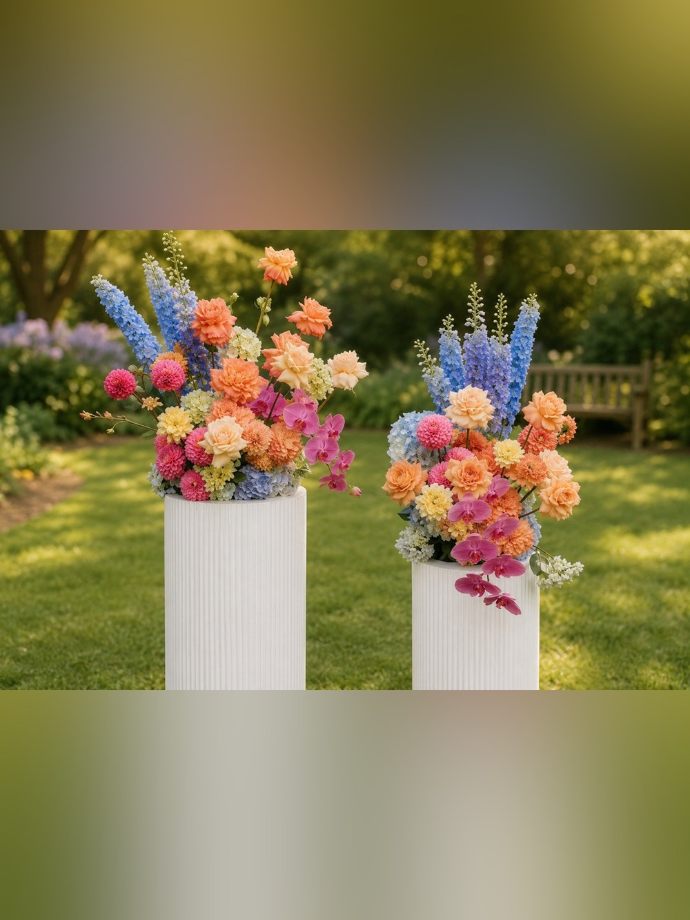 White Ribbed Ceramic Floor Vase with Vibrant Mixed Flowers set of 2